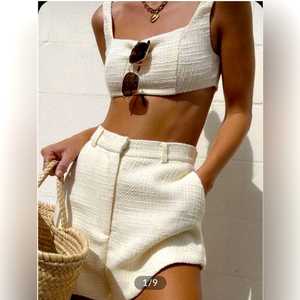 Commense Tweed crop top with pearls and shorts set